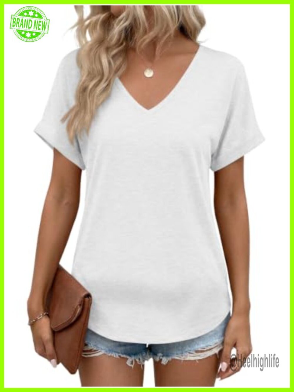 Womens V Neck Rolled Sleeve T Shirt Curved Hem Loose Fit Tunic Tee